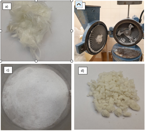 Figure 4: a) recycled glass fibers; b) Hammer mill used by ITC; c) freshly milled fibers; d) agglomerated milled fibers. (images: ITC)