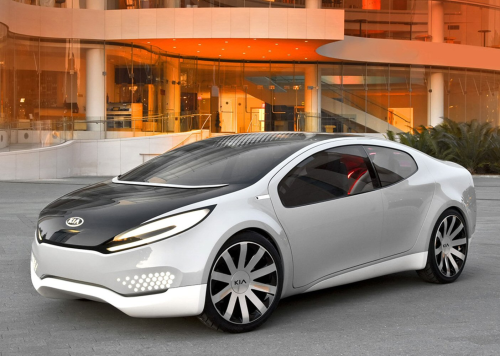 The Kia Ray plug-in hybrid concept car, introduced in February at the Chicago Auto Show, incorporates lightweight composites, recycled materials and solar cells in the roof panel.