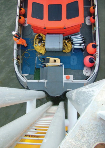 An OWPMS workboat butts up against turbine monopile to provide personnel access.