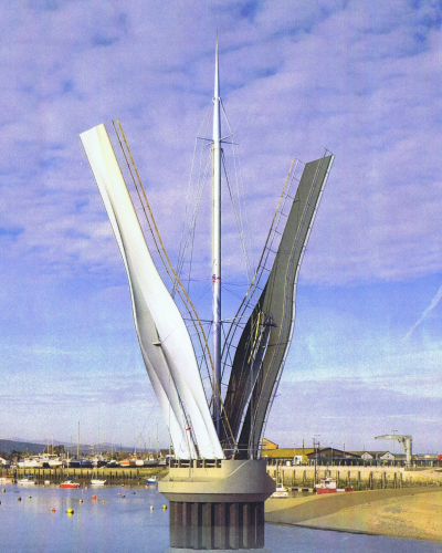 Original artist's rendering of the bridge concept, with the decks raised. (Image courtesy of  Ramboll UK Ltd.)
