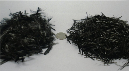 Microwave-based recycling of non-upgraded fibres (left) results in recyclate (right) that can be used in SMC compounds for new product applications. (Picture courtesy of Firebird Advanced Materials.)