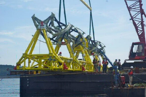 ORPC's TidGen TGU featuring turbines manufactured by Hall Spars being readied for installation in Cobscook Bay, Maine, on 14 August.  (Picture courtesy of ORPC.)