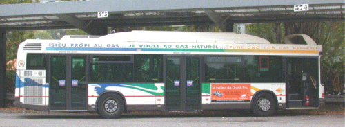 Figure 1. Transit buses like this one in France are increasingly being powered by natural gas. The gas is stored in composite pressure vessels on the roof.