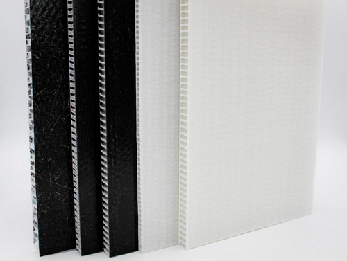 A thermoplastic sandwich panel with a polypropylene honeycomb core and glass fiber/polypropylene (Image courtesy EconCore.)