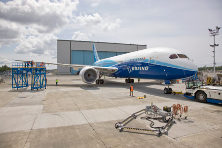 The first Boeing B787 Dreamliner moves from the paint hangar out to the fuel dock at the Boeing facility in Everett, Washington, USA.