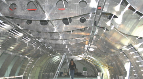 Upper deck of A380 under construction, showing aluminium frames.