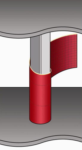 Figure 4: Square concrete column wrapped in a continuous band of super laminate to form a cylindrical structural jacket.