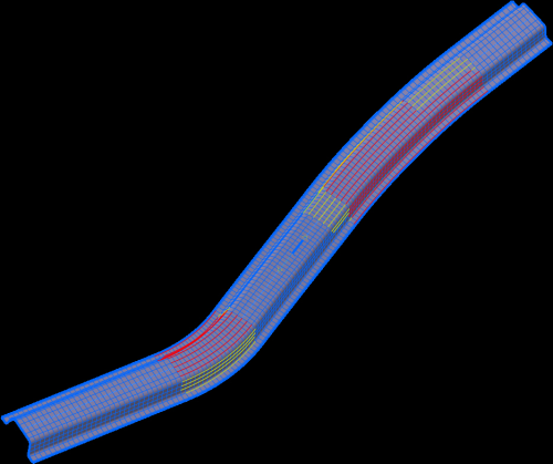 Siemens PLM Software’s Fibersim 2012 provides the first-ever spine-based simulation for parts produced using steered fibre methods. Pictured is an airframe substructure composite component during a Fibersim modelling session. Fibersim uses red to simulate fibre buckling and localised deformation, yellow to indicate potentially too much stress for manufacturing, and blue to indicate there are no manufacturing issues.