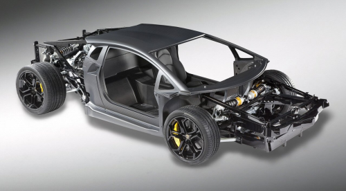 Carbon fibre materials and innovative forming processes demonstrate composite 'body-in-black' components that could eventually replace the traditional metallic body-in-white primary vehicle structure. Shown here, the carbon fibre body shell of the Sesto Elemento, rolling chassis for the Lamborghini Adventador model. (Picture courtesy of Lamborghini.)