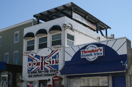 The solar panels mounted on the roof of the Go Fish restaurant in Rehoboth.