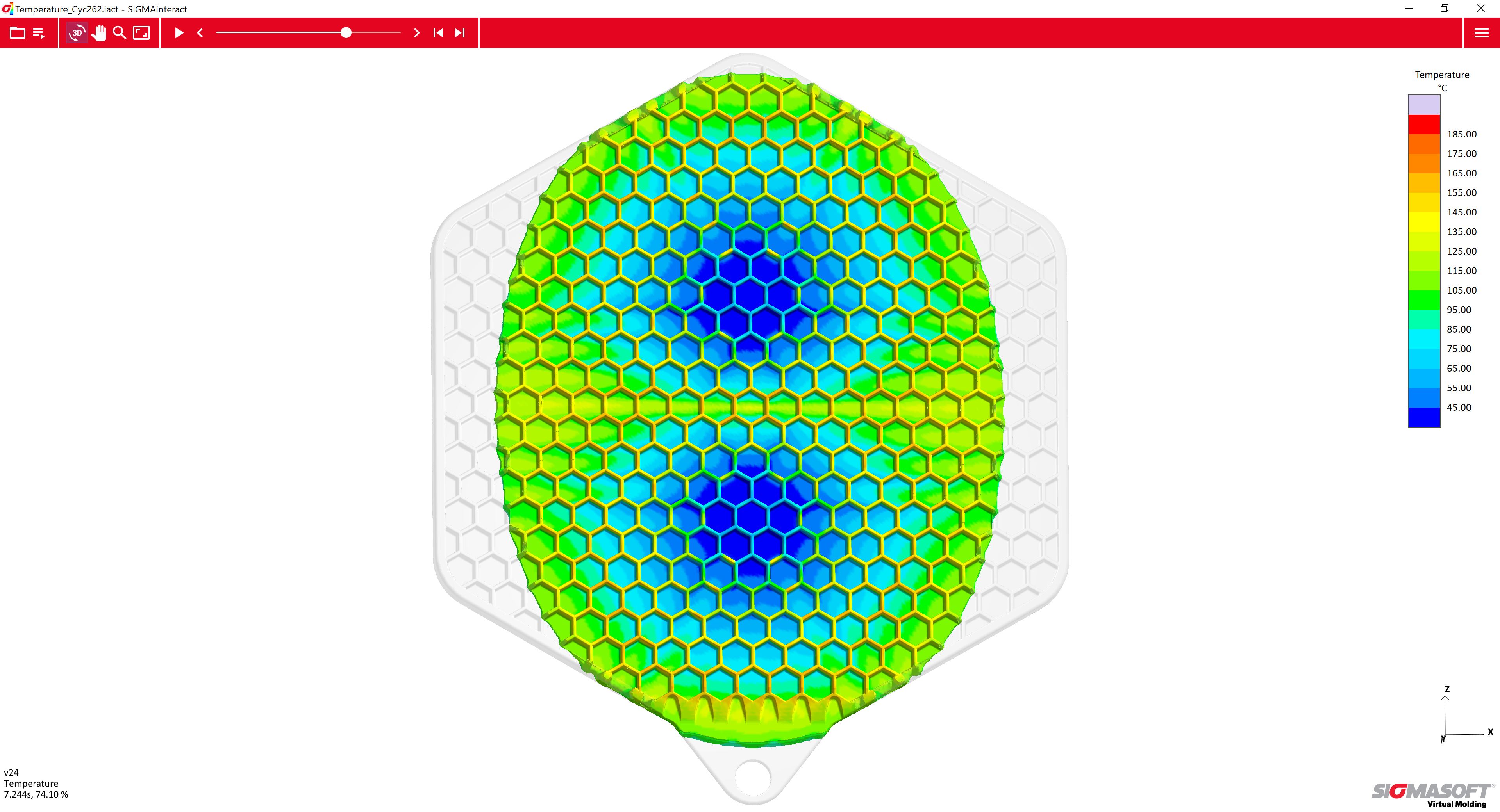 Temperature distribution in the part during filling, shown on an interactive 3D model at 74% filled.