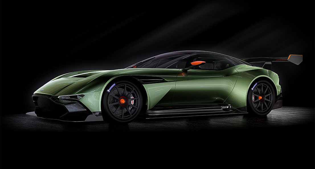 The Aston Martin Vulcan sports car features a carbon fibre monocoque and body.