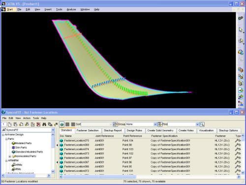 An example of an aircraft winglet assembly designed with VISTAGY’s SyncroFIT® software operating within a CAD modelling session. The software makes it easy for an engineer to understand the assembly definition by colour coding different types and grip lengths of fasteners (see red, green and blue vectors).