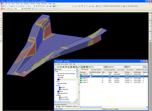 This is the composite surface of an air inlet duct for the TAI's UAV programme during a 3D CAD modelling session. FiberSIM software indicates manufacturability by colour: the blue represents an area that will not present manufacturability issues; yellow indicates an area of mild material deformation over the complex curvature; and the red shows where there will be wrinkling and/or bridging issues that need to be corrected in the design phase.