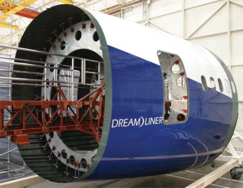 The first B787 composite fuselage section at Boeing's Developmental Center in Seattle. (Picture © Ken DeJarlais.)