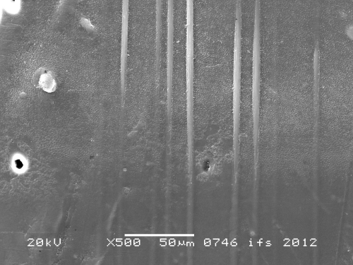 Figure 2b: SEM picture of laser treated surface – with increased intensity, fibres become exposed.