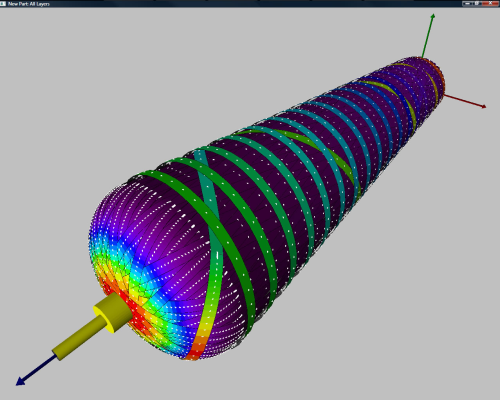 A tapered vessel mandrel showing a helical winding, the transition and a circumferential winding. Band colours indicate the winding angle.