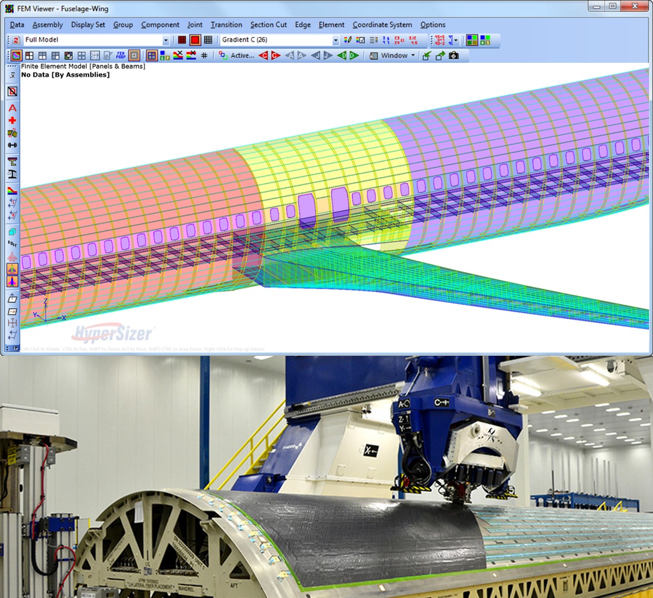 The HyperSizer Stress Framework for rapid airframe analysis (above) and design optimization of robotic automated fiber placement (AFP) manufactured structures (below).