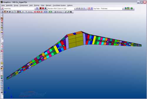 This aircraft wingbox analysis in HyperSizer shows colour-coded composite laminate sections, demonstrating the software’s capability to customise for location-specific loading and to increase manufacturing efficiency.