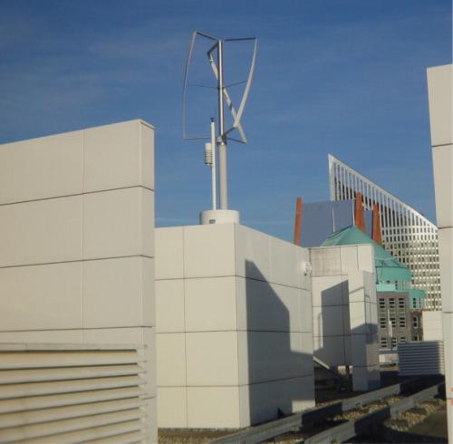 TURBY BV, The Netherlands. VAWT machines at 2.5 and 10 kW. Vibration and resonance are given special attention and masts are spring supported to ensure that all machines are vibration free with extremely low ambient turbine sound levels (www.turby.nl).