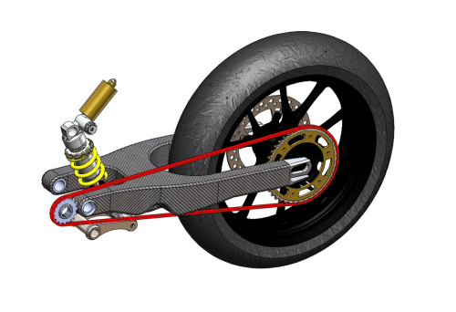 Using the finalised composite design, a complete 3D model of the assembly was created to validate the design and to make sure the swingarm would not interfere with the rear suspension, chain or wheel.