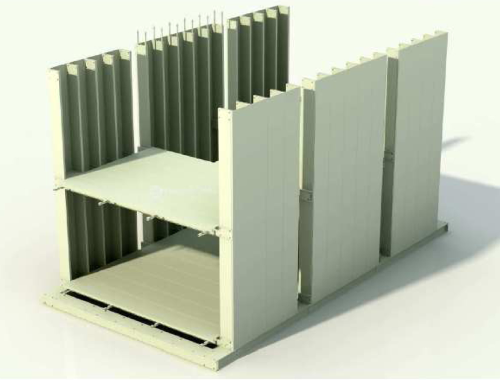 Startlink System illustration showing the main outer wall panels for a two-story house in position. Once insulation and electrical lines are added to the panels, inner linings will be added.