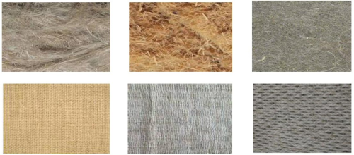 Figure 2: Useful materials for the reinforcement of bio-composites: wood fibre (top left); short flax fibres (top centre); needle punched flax mat (top right); jute plain fabric (bottom left); flax unidirectional fabric (bottom centre); flax tridimensional fabric (bottom right).