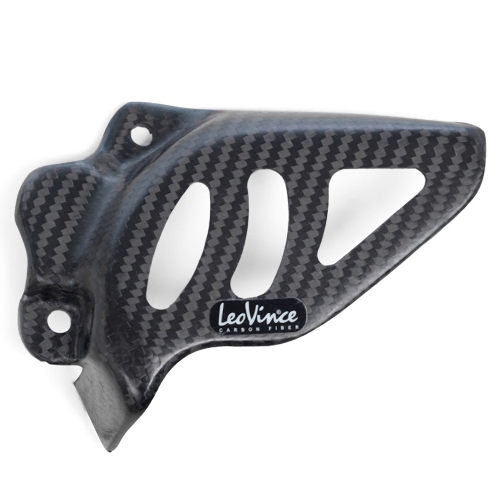 Carbon fibre racing and off-road motorcycle accessories like this front-sprocket cover are manufactured by LeoVince.