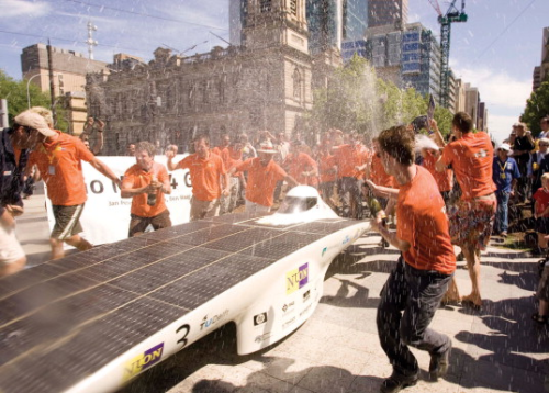 Nuna4 crosses the finish line in first place. (Source: Panasonic World Solar Challenge.)
