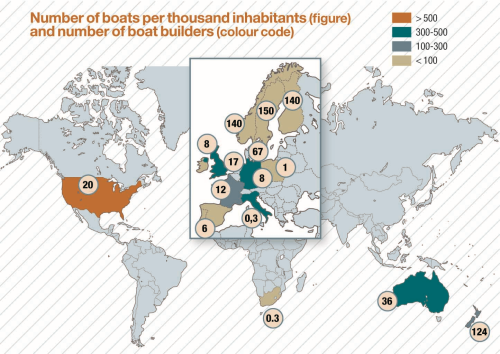 World map showing number of boats per thousand inhabitants (figure) and number of boat builders (colour code).
