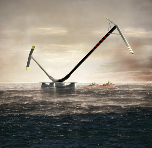 An artist’s impression of the final design of 10 MW Aerogenerator X offshore wind turbine. The arm and sail structures are made from epoxy resin with carbon and glass fibre reinforcement. (Picture courtesy of Wind Power Ltd.)