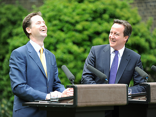 Prime Minister David Cameron and Deputy Prime Minister Nick Clegg during their first joint press conference. 12 May 2010, Crown copyright. (www.flickr.com/photos/number10gov/4601012387/)