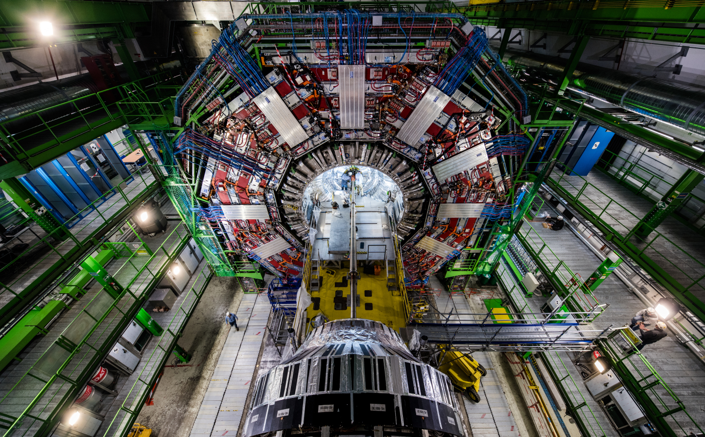 The 21 m long Compact Muon Solenoid detector acts as a giant, high-speed camera, taking 3D 'photographs' of particle collisions up to 40 million times each second. (Picture courtesy CERN.)