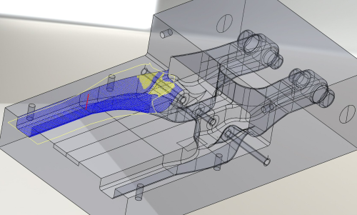 SMU used Simulayt’s Composites Modeler to simulate the draping of woven fabric reinforcement over the mould surface. Blue or yellow indicates that the material has to shear to an acceptable extent to conform to the curved surface. The flat pattern is shown alongside the draped fibre orientations as a further check of the manufacturability of a ply.