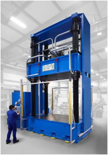 BBG developed the four-column BFT-U press specifically for the manufacturing of large-surface mouldings made of fibre reinforced plastic composites. (Picture courtesy of BBG GmbH & Co. KG.)
