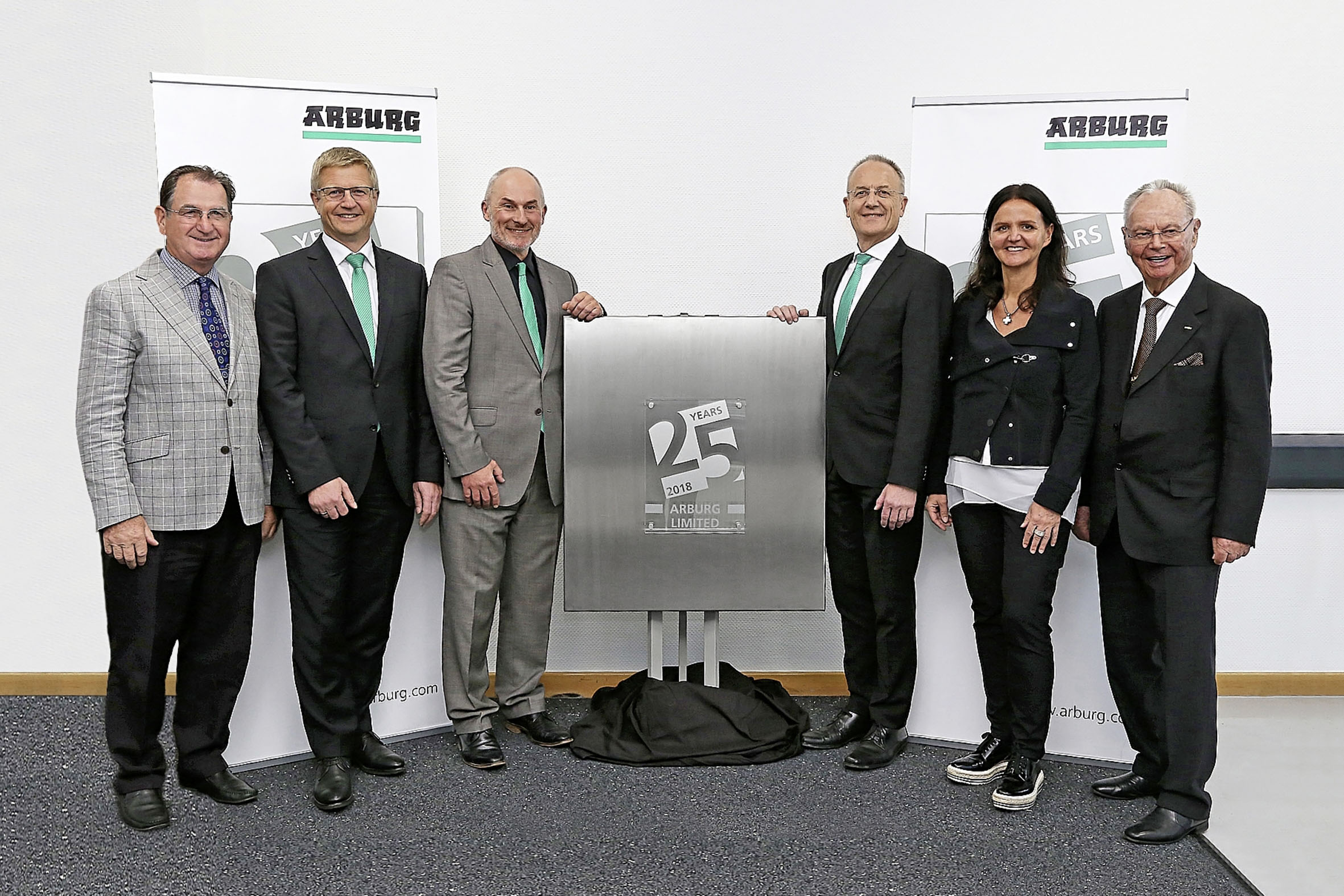 From right to left Eugen and Juliane Hehl, managing partners, Stephan Doehler, European director sales, Colin Tirel, MD, Gerhard Böhm, managing director sales, and Frank Davis, former subsidiary manager.