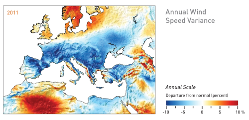 3TIER’s European map shows departures from long-term mean wind speed with above normal areas in red and below normal areas in blue and provides an indication of how wind projects should have performed relative to their long-term production average based on their location.