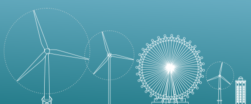 Illustration: On the left you can see the new Vestas wind turbine. In the middle on the left is the Anholt wind turbine. In the middle on the right is the London Eye, then follows the Vindeby wind turbine and on the far right is the Round Tower Observatory in Copenhagen.