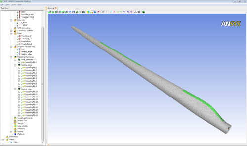 Figure 5: The integration of composite design and analysis has been a major advancement in recent years. Pictured here is a finite element model of a blade built with composites ply data from FiberSIM. Such data integration enables more accurate analysis and much faster and better optimisation of the blade’s structural performance. (Image courtesy of ANSYS.)