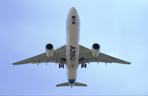 The Airbus A350 XWB made its first flight on 14 June. The aircraft features carbon composite fuselage panels, keel beam, wing and empennage. (Picture © Airbus.)
