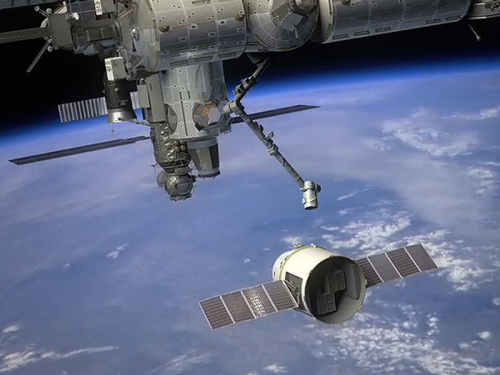 The SpaceX Dragon spacecraft approaching the International Space Station.