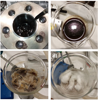 Figure 3: a) Crude mixture after solvolysis; b) Mixture of depolymerization products; c) glass fibers after filtration; d) glass fibers after cleaning. (images: AIMPLAS)