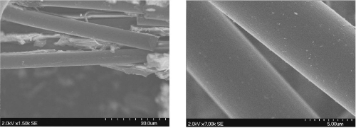 SEM images show purity status of carbon fibre from F-18/A CFRP parts after 300°C low-temperature pretreatment (left) and of reclaimed AS4 fibres after high temperature process. (Pictures courtesy of Adherent Technologies Inc.)