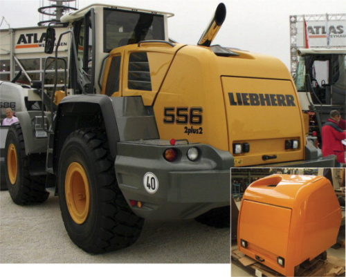 The engine cover for this Liebherr machine is produced by Peter-GFK.