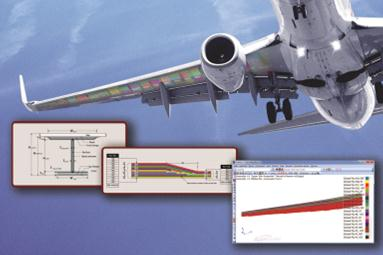 The wing box structure of a commercial aircraft is illustrated with FE sizing zones. HyperSizer software will size the stiffened wing cover to obtain optimum stiffener cross sections and detailed composite ply layup schedules.