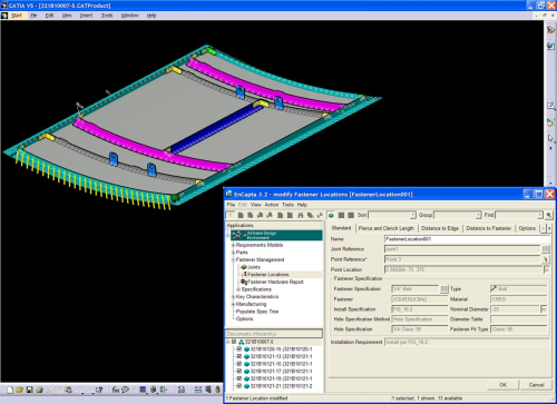 An aircraft wing panel inside a 3D modelling session with VISTAGY's SyncroFIT application window in the lower right corner. VISTAGY's SyncroFIT is fully integrated into the CAD environment.