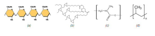 Figure 1: Structure of different polymers used for the production of bio-composites: starch (a); polyhydroxybutyrate (b); epoxidised soybean oil (c); polypropylene (d).