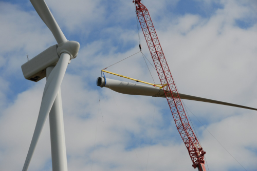 The prototype 'stealth' blade is fitted onto a Vestas V90 turbine at Swaffham Wind Park in Norfolk, UK.