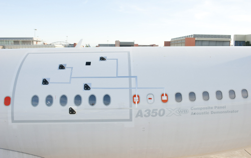 In September, Airbus flight tested an A350 XWB fuselage panel made from CFRP. The 15 m² structure was fitted in place of an existing A340 aluminium fuselage section. The trials was designed to evaluate acoustic properties and to help fine-tune sound insulation for the A350 XWB cabin. (Picture © Airbus.)