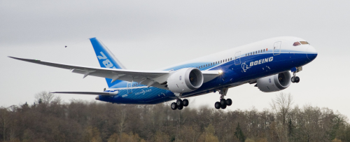 The Boeing 787 Dreamliner takes off for its first flight.